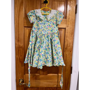 Vintage Mousefeathers Girls Dress Pastel Floral Peter Pan Collar Puff Sleeve